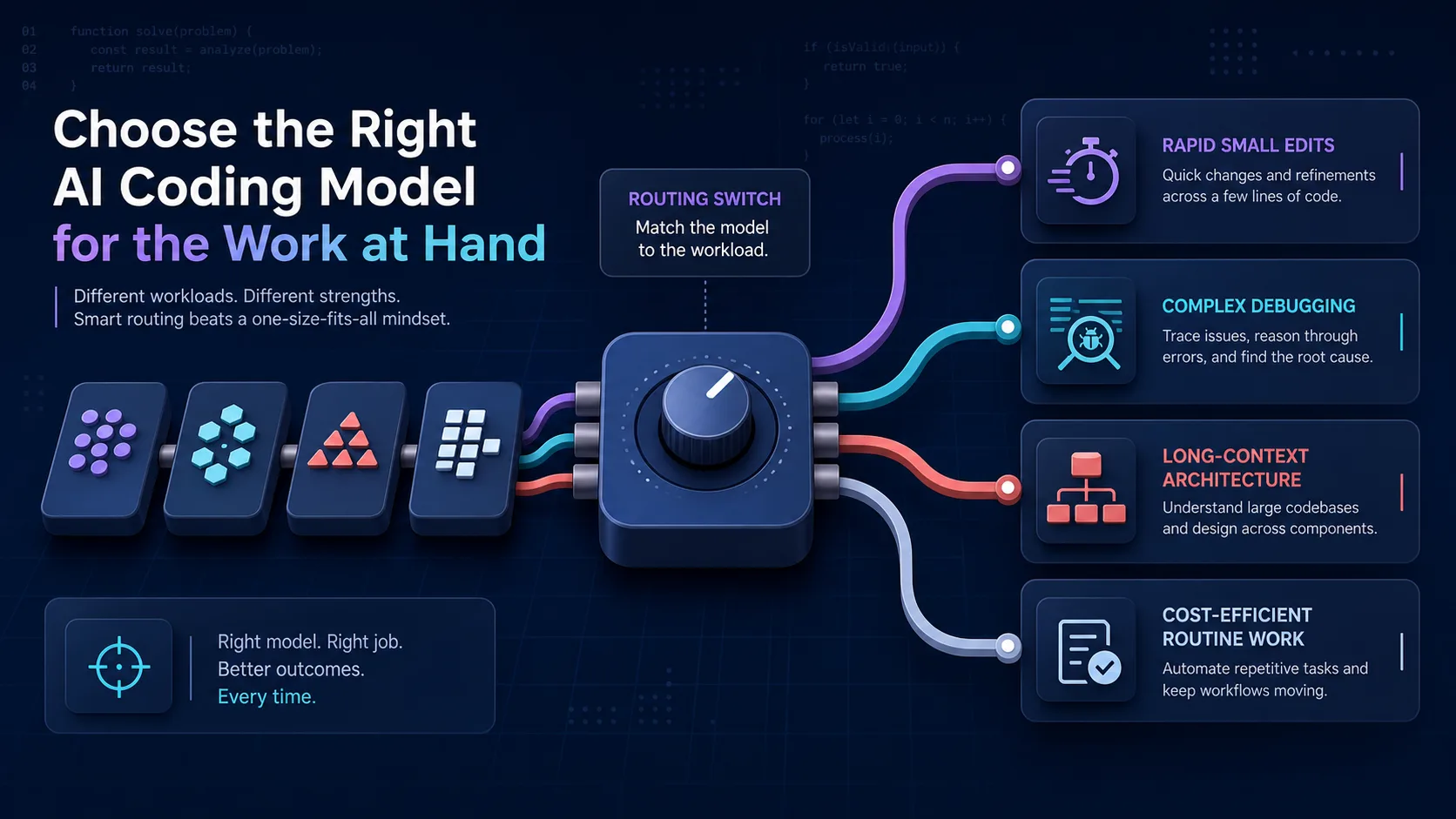 A routing switch matching several AI model options to different coding workloads